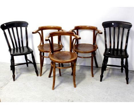 Three Thonet-style bentwood café chairs with pressed wood seats and a pair of dark stained beech stick-back kitchen chairs (5