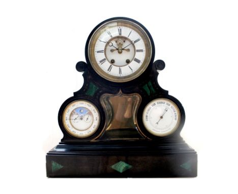 A 19th century black slate eight-day mantel clock with malachite inlay, the enamel dial set with Roman numerals, subsidiary d