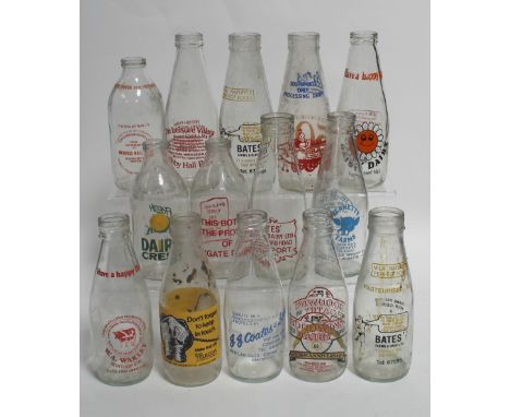 Over twenty vintage advertising milk bottles to include Bates' Farms and Dairy, a Telecom 'Don't Forget to Keep in Touch - Ma