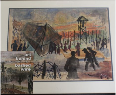 HUGO DACHINGER (1908-1995); watercolour on newspaper of the Government Internment Camp in Huyton in which Dachinger himself w