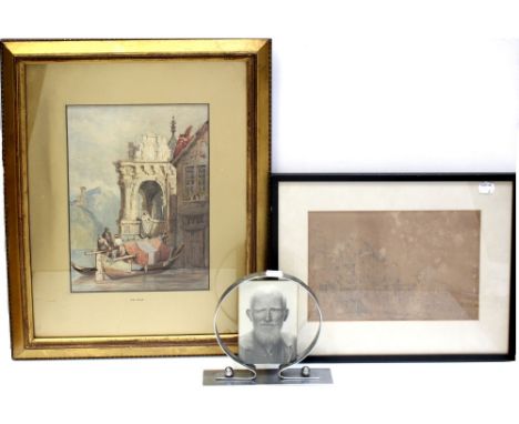 A 19th century watercolour of a Continental scene with lady in a tower climbing into a rowing boat, mountains and castle in t
