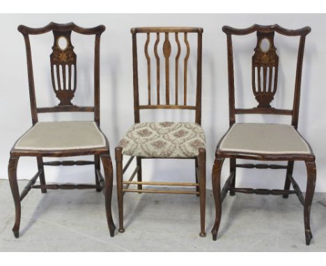 A pair of Edward VII stained beech parlour chairs with marquetry pierced splats and stuff-over seats on cabriole legs and a s