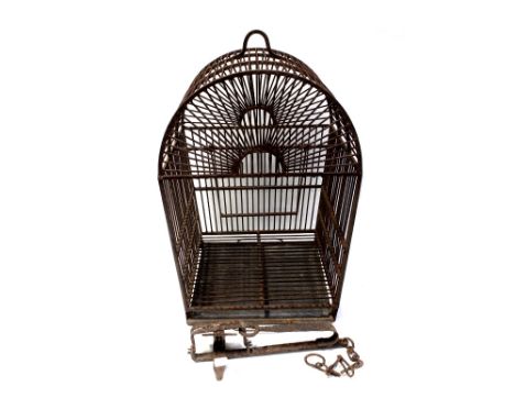 A vintage metal dome topped bird cage, height approx 60cm and a Victorian trap (2).
