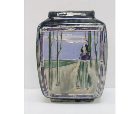 Royal Doulton Lambeth; a rectangular vase with Art Deco figural decoration, impressed to the bottom EB and H42, height 23cm. 