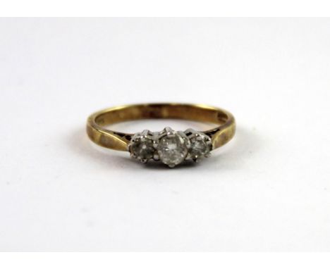 A 9ct yellow gold diamond trilogy ring, total diamond weight approx 0.5ct, size N1/2, approx 1.8g.