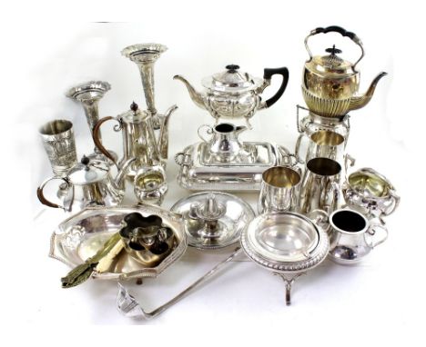 A large quantity of plated ware to include spirit kettle, tea service, various tankards, bowls, trumpet vase, swing-handled b