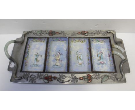 A late 19th/early 20th century beaten pewter rectangular twin-handled tray with Oriental and Arts &amp; Crafts influence, cur
