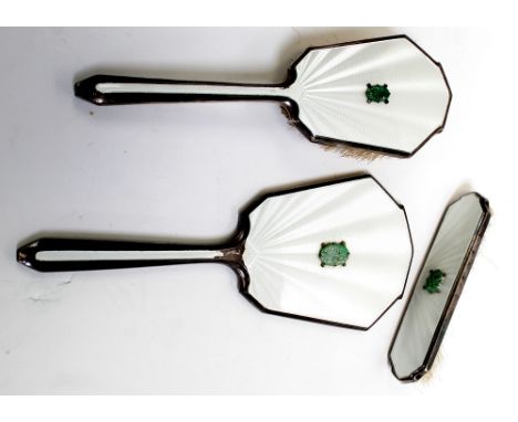 An Edward VII hallmarked silver and engine-turned enamel dressing table set with marcasite and jadeite mounts, comprising rec