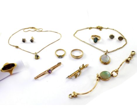 A quantity of 9ct gold gem-set jewellery to include a link chain with oval opal, a matching bracelet, earrings and ring with 