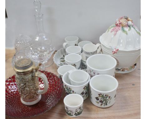 A quantity of Portmeirion 'The Botanic Garden' items to include three planters, a large flan dish, small bowl, various mugs a