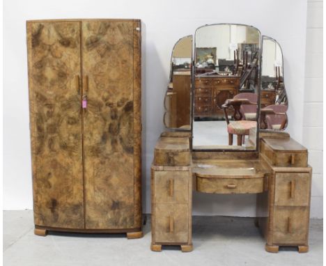 A c1940s Art Deco walnut triple mirror back dressing table and a matching twin-door wardrobe, 159 x 87cm (2).