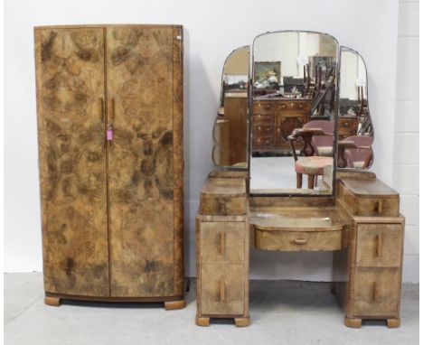 A c1940s Art Deco walnut triple mirror back dressing table and a matching twin-door wardrobe, 159 x 87cm (2).