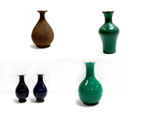 Five late 19th and early 20th century Oriental vases to include a pair of cobalt blue vases, a jade green crackle glaze balus