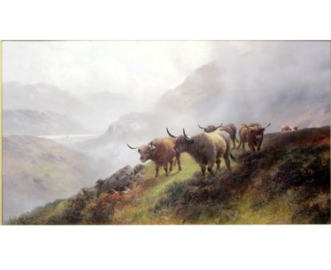 HENRY ROBINSON HALL (1859-1927); an oil of a Highland cattle scene 'Denizens of the Hills' near Loch Ness, impressed to the c