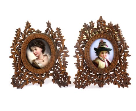 A pair of early 20th century Berlin plaque style portrait miniatures, young lady with locket and a young gentleman in Bavaria