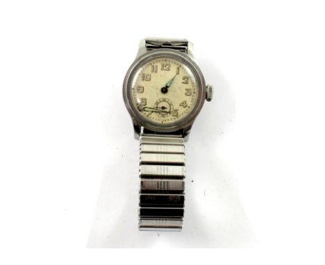Longines; a vintage Longines W. Co white metal wristwatch, circular enamel dial set with Arabic numerals and subsidiary dial,