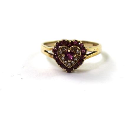 A 9ct yellow gold ladies' dress ring, heart set with small pink sapphires and white stones, size O, approx 2.1g.