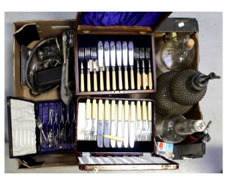 A quantity of cased flatware and a quantity of plated items to include vases etc, a vintage soda siphon, various vintage bott