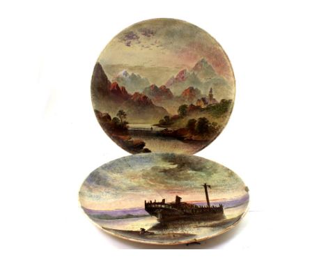 Two Copeland hand painted wall plaques, on of a shipwrecked barque at sunset (af), 'The Last Voyage From a Sketch by M Jackso