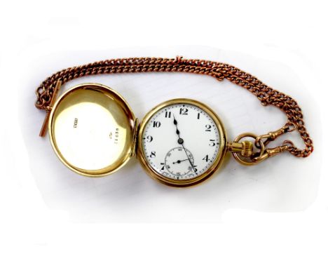 A 9ct yellow gold full hunter pocket watch, white enamel dial with Arabic numerals and subsidiary dial, width 4.5cm, Chester 