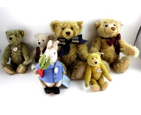 Five modern boxed Steiff Teddy bears, 'Centenary Teddy Bear', blonde, length 44cm, 'Teddy Bear Dicky' 1935 replica, blonde, l