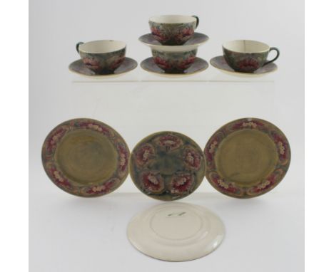 A set of early Moorcroft Art Nouveau Chrysanthemum pattern cups and saucers plus side plates (mostly af) (12). CONDITION REPO