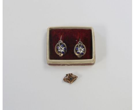 A pair of Edwardian 9ct gold and enamel drop earrings, a small 9ct gold oval pendant set with small oval sapphire, combined a