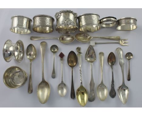 A group of silverware to include napkin rings, table salt, teaspoons and a pickle fork, various dates, combined approx 9.5ozt