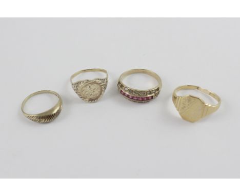 Four 9ct yellow gold ladies' dress rings, a half eternity ring set with pink baguette sapphires and white stones, size O, a s