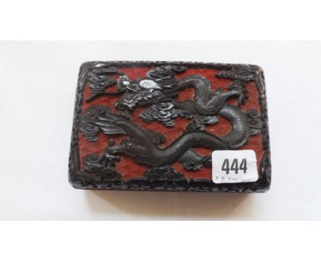 Cinnabar and enamel cigarette box mounted with dragons  