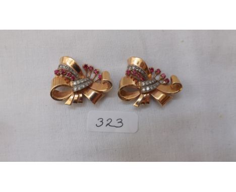 PAIR GOLD, RUBY &amp; DIAMOND BROOCHES  21.9g         