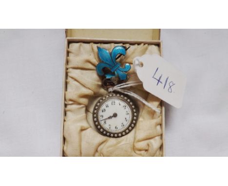 Silver, enamelled and pearl cased fob watch on bow in case  
