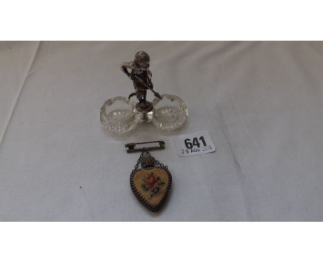 A metal cherub with bow &amp; arrow &amp; a heart shaped scent bottle   &amp; another        