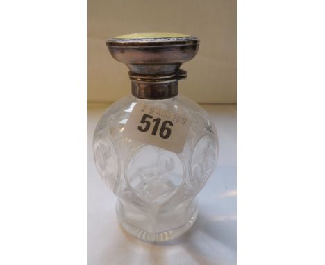 Silver and enamel top scent bottle with stopper with engraved glass  Body – B’ham 1921 – by HM – 5” high     
