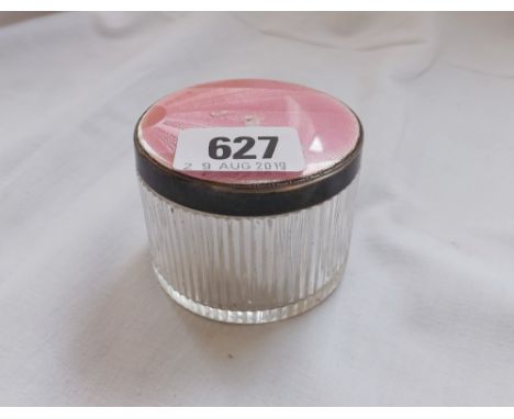 A circular pink enamel top jar with glass body – 2.5” diameter B’ham 1932        