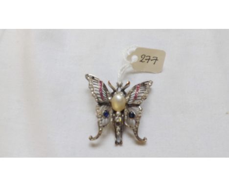 ANTIQUE PEARL, SAPPHIRE, DIAMOND  &amp; ruby butterfly brooch 4cm widest point 13.3g inc   