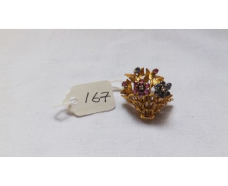 18ct gold ruby diamond &amp; sapphire brooch in the  form of  a basket of flowers 7.3g inc     