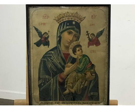 PAIR OF RELIGIOUS PRINTS AND RELIGIOUS WOOLWORK PANEL framed and under glass47cm x 37cm