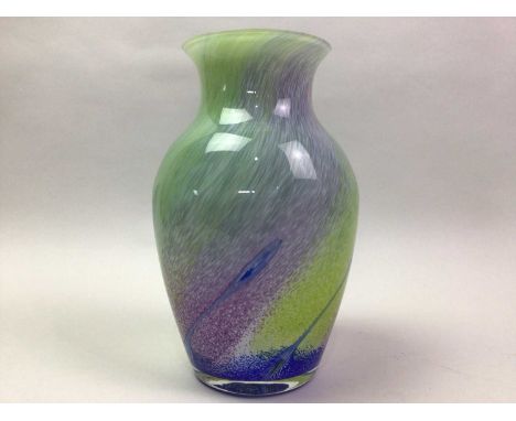 CAITHNESS GLASS VASE ALONG WITH THREE FURTHER PIECES OF CAITHNESS GLASS the first in mottled purple, yellow, green and blue t