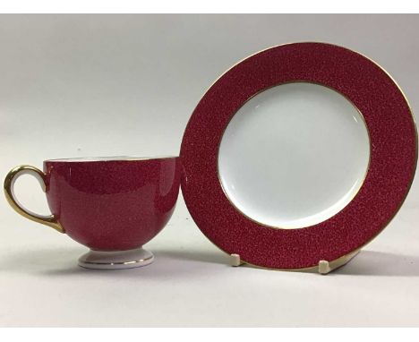 WEDGWOOD 'POWDER RUBY' PART TEA SERVICE comprising tea pot, jug, sugar bowl, two sandwich plates, side plates, cups and sauce