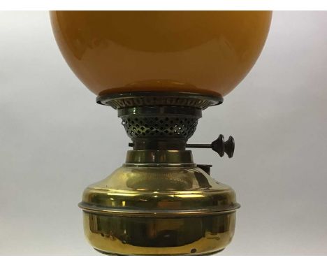 BRASS OIL LAMP with amber shade and ruby glass oil lamp54cm highQty: 2