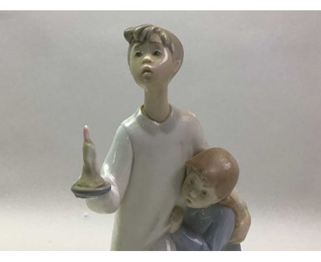 FIVE LLADRO FIGURES comprising Girl with balloons, Girl with puppy, Children with candlestick, Girl with hat and small sleepi