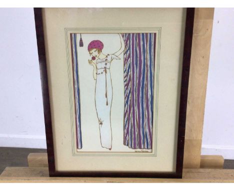 PAIR OF ART DECO FASHION PEN AND INK WORKS AND A PRINT the Art Deco works each depicting a female in elaborate costume, signe