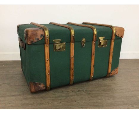 VINTAGE TRAVEL TRUNK wood bound, with leather handles80cm wide Additional images now available.