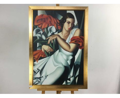 PORTRAIT OF A LADY, OIL ON BOARD AFTER TAMARA DE LEMPICKA in gilt frame, along with two catalogues 100cm x 71cm