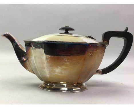 SILVER PLATED TEA SERVICE comprising a tea pot, hot water pot, sugar and cream