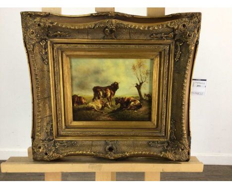 HIGHLAND CATTLE PRINT depicting Highland cows in a field by a tree, framedimage size 18.8cm high x 23.8cm wide, overall size 