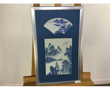 CHINESE BLUE AND WHITE PANEL  AND FAN SHAPED PANEL, both framedlargest 52cm x 32cm overall