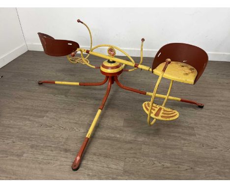 VINTAGE MOBO MERRY-GO-ROUND with two bucket seats, red and yellow livery