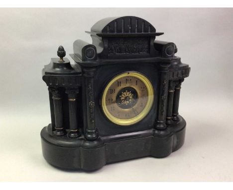 VICTORIAN BLACK SLATE MANTEL CLOCK LATE 19TH CENTURY in architectural case with gilt chapter ring, eight day movement36.5cm h